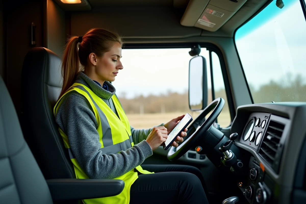 Chauffeuse de camion poids lourd en cabine consultant un itinéraire sur tablette, portant un gilet haute visibilité