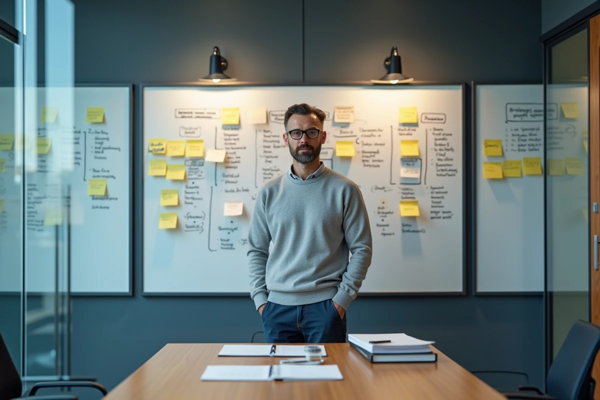 Chef d'entreprise analysant des stratégies de référencement sur un annuaire professionnel devant un tableau blanc