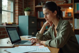 Chercheuse consultant des archives web imprimées sur un bureau encombré, illustrant la recherche sur les contenus archivés en ligne