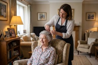 Coiffeuse à domicile coiffant une femme âgée dans son salon, service de coiffure à domicile pour personnes âgées