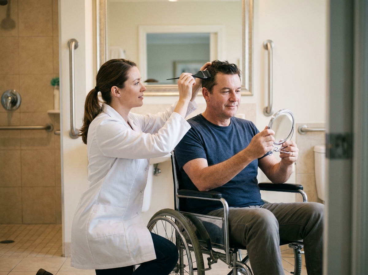 Coiffeuse à domicile réalisant une coloration pour un homme en fauteuil roulant dans une salle de bain adaptée, coiffure à domicile pour personnes à mobilité réduite