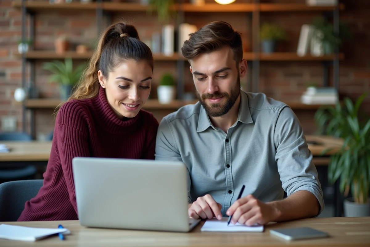 Deux professionnels RH collaborant sur l'analyse du ROI d'une campagne de recrutement avec un ordinateur portable