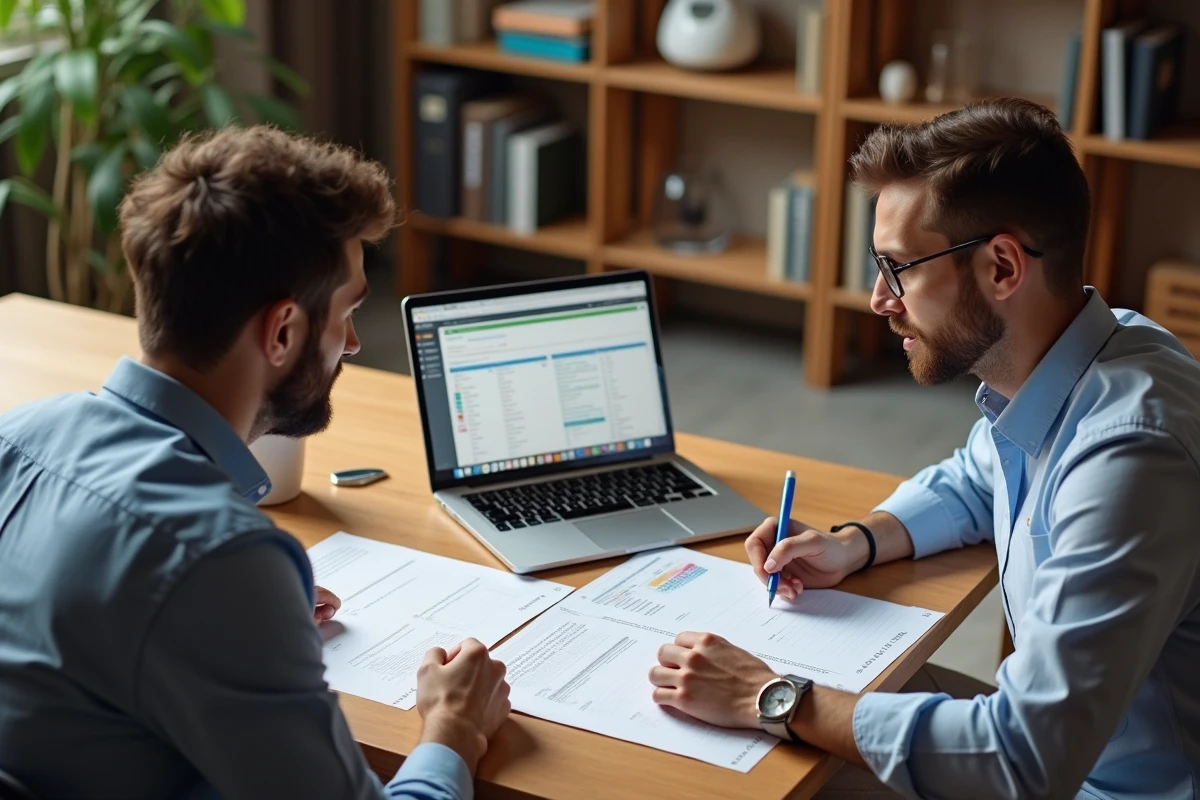 Deux collègues masculins collaborant sur des documents OKR et un ordinateur portable lors d'une session de planification stratégique au bureau