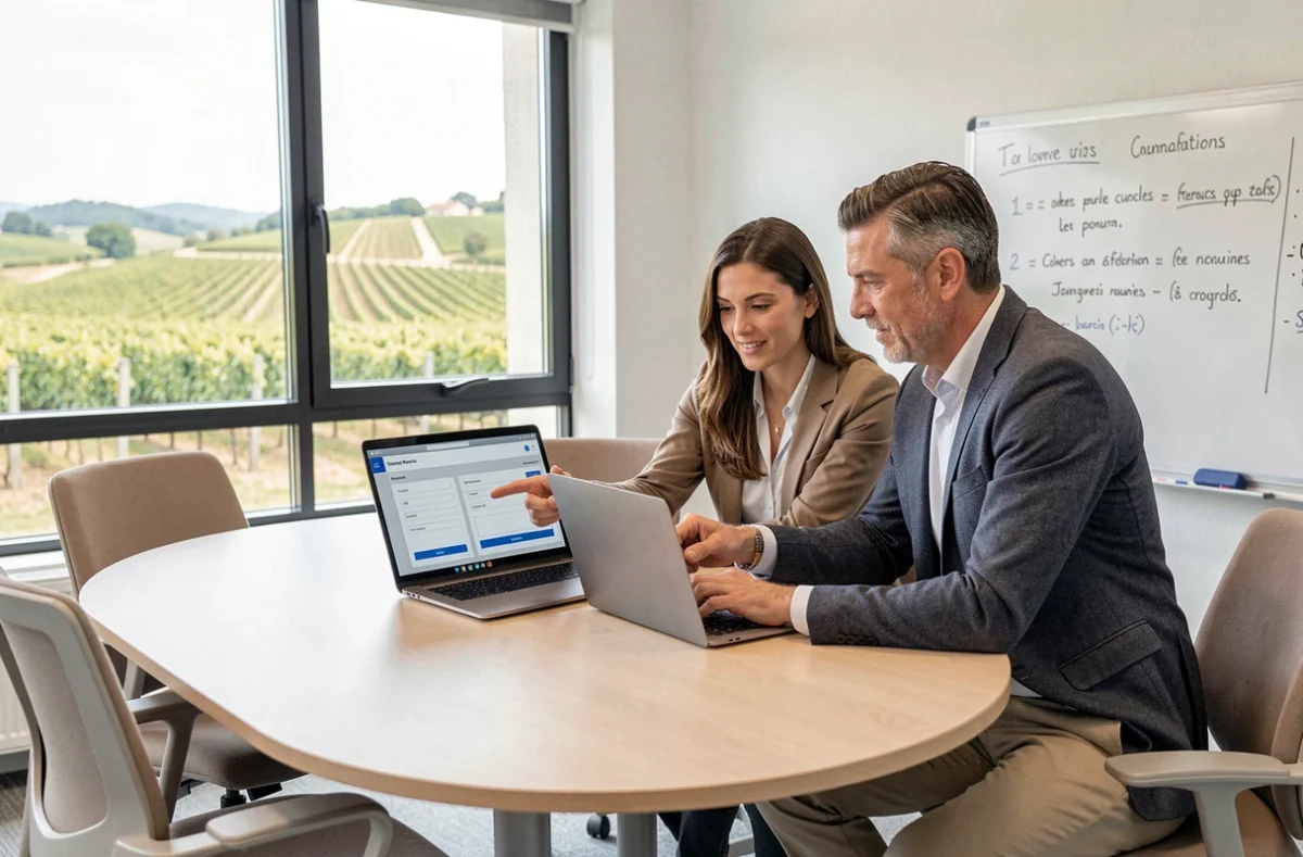 Deux professionnels de la filière champagne travaillant ensemble sur l'extranet pro du CIVC en salle de réunion avec vue sur les vignes