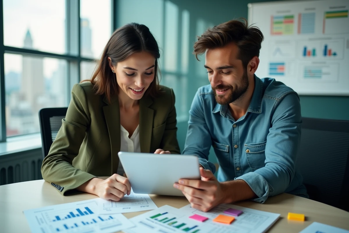 Deux professionnels du marketing collaborant sur une stratégie de contenu SEO avec une tablette et des documents imprimés dans une salle de réunion moderne