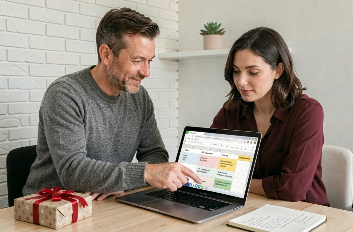 Deux collègues analysant ensemble les règles comptables et fiscales des cadeaux salariés sur un ordinateur portable en salle de réunion