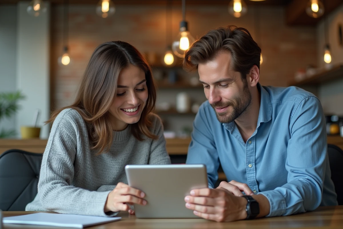Deux collègues consultant ensemble les documents RH dématérialisés sur une tablette dans un espace de coworking moderne