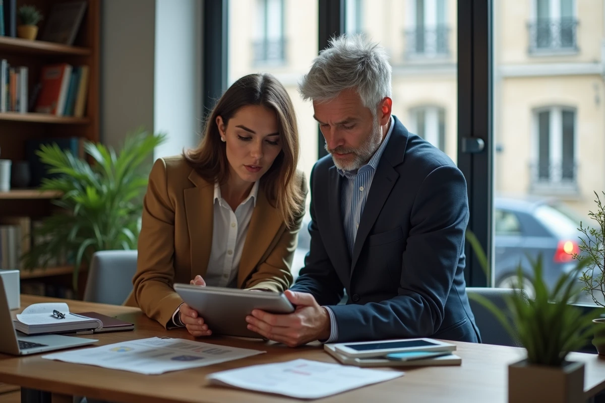 Deux collègues évaluant ensemble une plateforme d'annuaire professionnel français sur une tablette au bureau