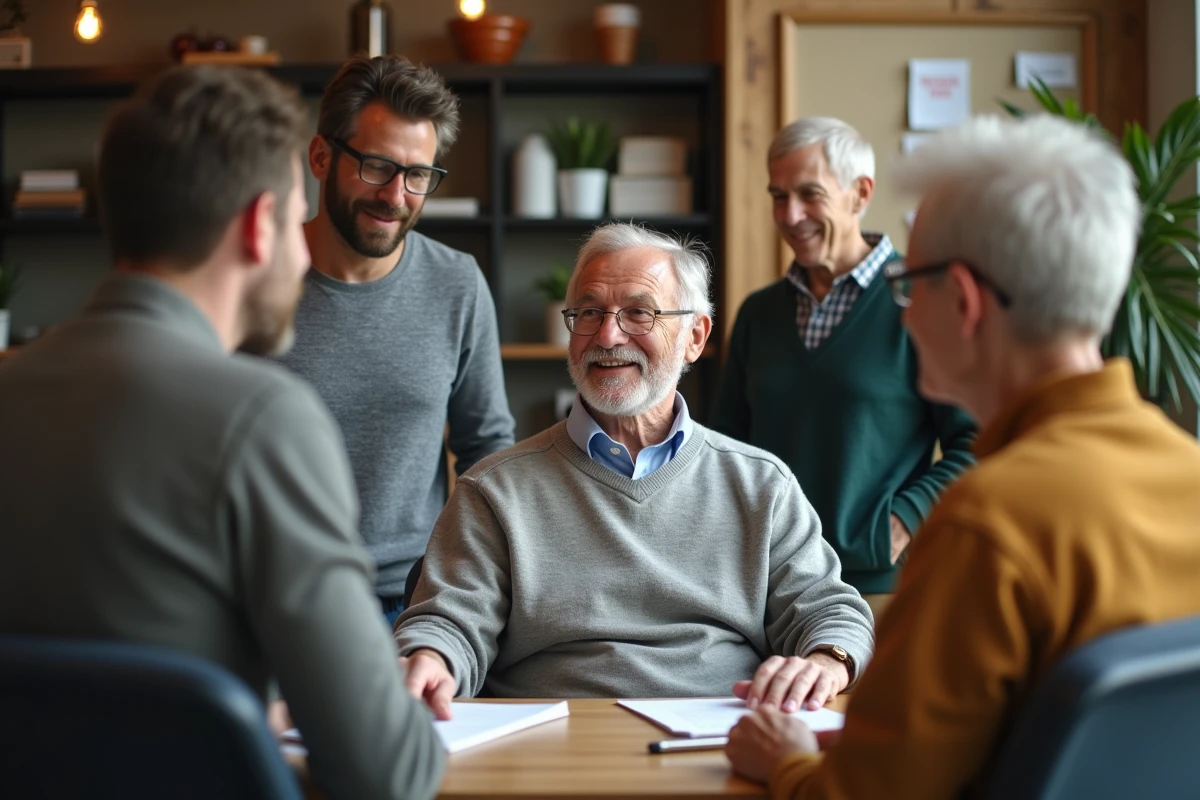 Groupe de collègues discutant dans une salle de pause chaleureuse