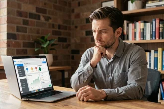Entrepreneur comparant deux plateformes en ligne sur des laptops côte à côte dans un bureau à domicile moderne