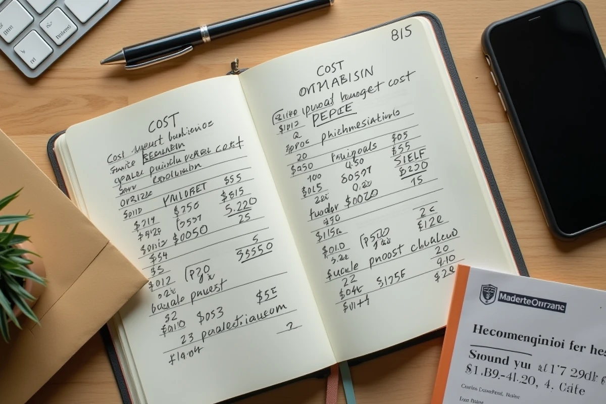 Vue de dessus d'un bureau avec carnet de calcul de coût, enveloppe et smartphone pour comparer les solutions de boîte postale