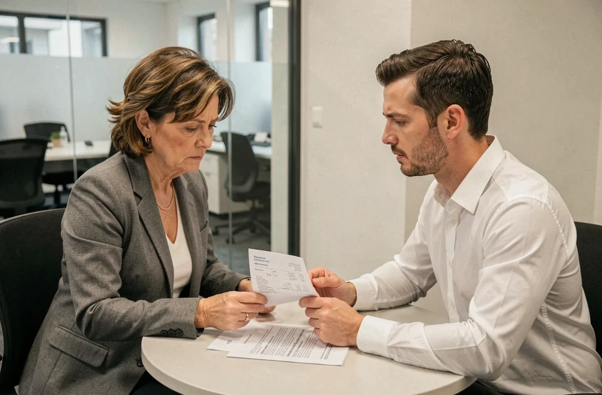 Deux collègues comparant des bulletins de salaire pendant une fermeture administrative, discussion sur les différences entre secteur public et privé