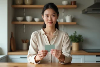 Femme comparant une enseigne Shopping Pass et une carte cadeau classique dans une cuisine moderne
