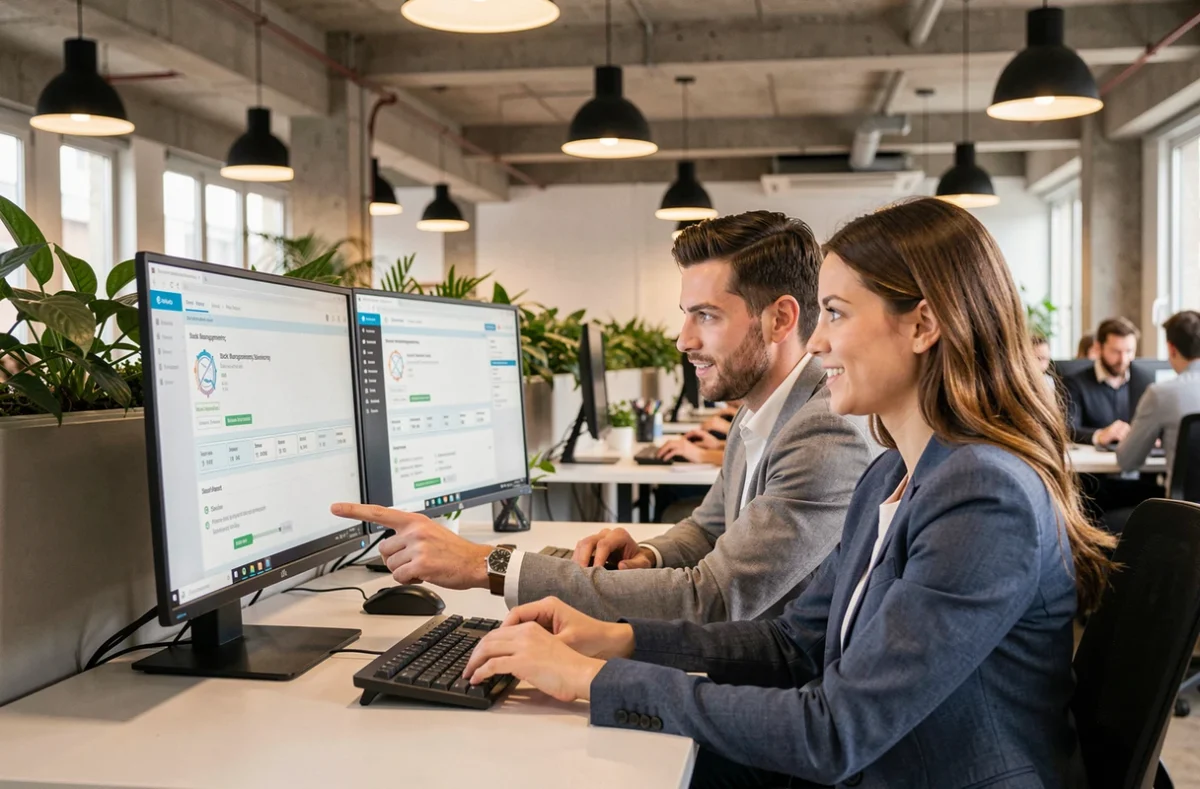 Deux collègues configurant les paramètres de sécurité et droits d'accès d'un logiciel de gestion de stock dans un bureau moderne