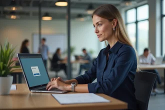 Employée de La Poste se connectant au portail GTM extra sur un ordinateur portable dans un bureau moderne