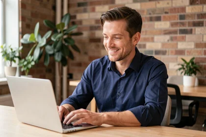 Consultant freelance masculin examinant une proposition de contrat sur ordinateur portable dans un espace de coworking moderne