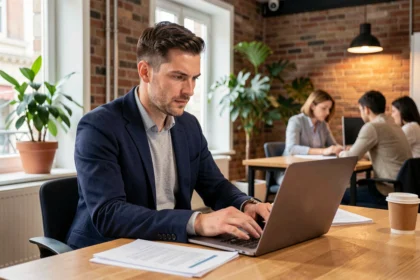 Consultant indépendant en portage salarial travaillant dans un espace de co-working à Niort