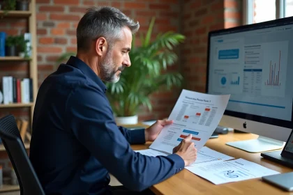 Consultant SEO Rennes analysant un audit stratégique sur documents imprimés dans un bureau moderne