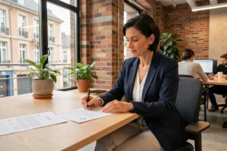 Consultante en portage salarial à Bayonne signant un contrat dans un espace de coworking moderne