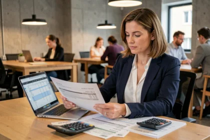 Consultante en portage salarial analysant ses fiches de paie et calculs de salaire net dans un espace de coworking moderne