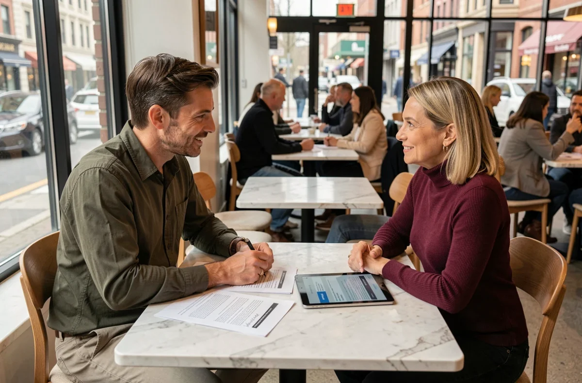 Deux consultants freelances discutant d'un contrat B2B autour d'une tablette dans un café urbain moderne