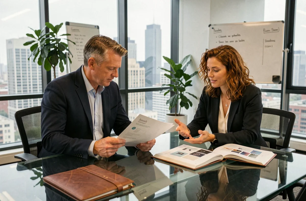 Consultation client avec une directrice créative présentant des propositions d'identité visuelle dans une agence de design