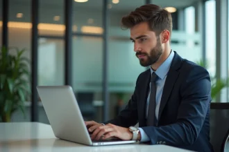 Jeune courtier assurance en bureau moderne concentré sur son ordinateur