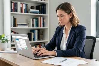Femme entrepreneur créant sa société en ligne sur un portail de guichet unique depuis son bureau à domicile