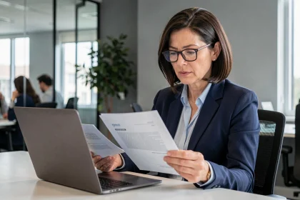 Femme professionnelle déléguant l'accès aux formalités administratives de son entreprise sur ordinateur portable au bureau
