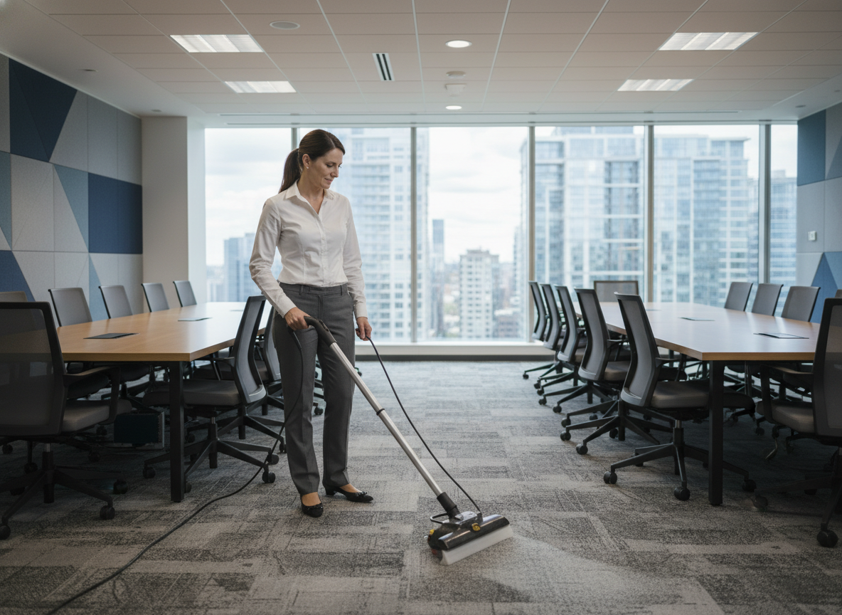 Jeune femme démontrant un nettoyeur vapeur dans une salle de réunion