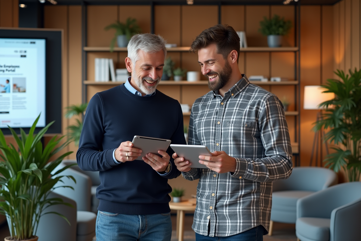 Deux hommes discutant avec des tablettes dans un espace détente