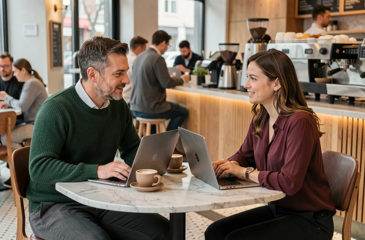 Deux professionnels discutant de stratégies de business en ligne et de la plateforme C3challenge autour d'un café en ville
