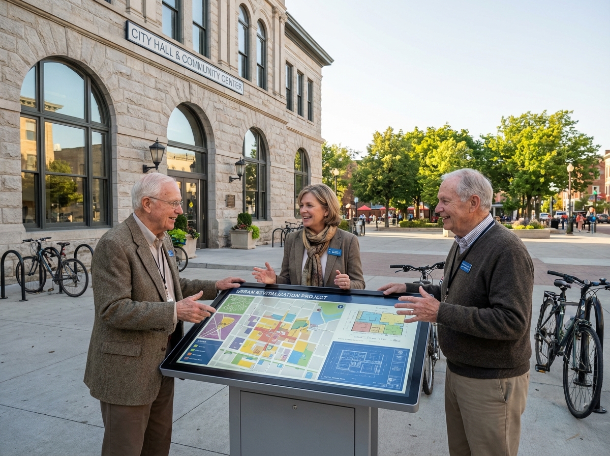 Deux seniors et une femme discutant plans urbains