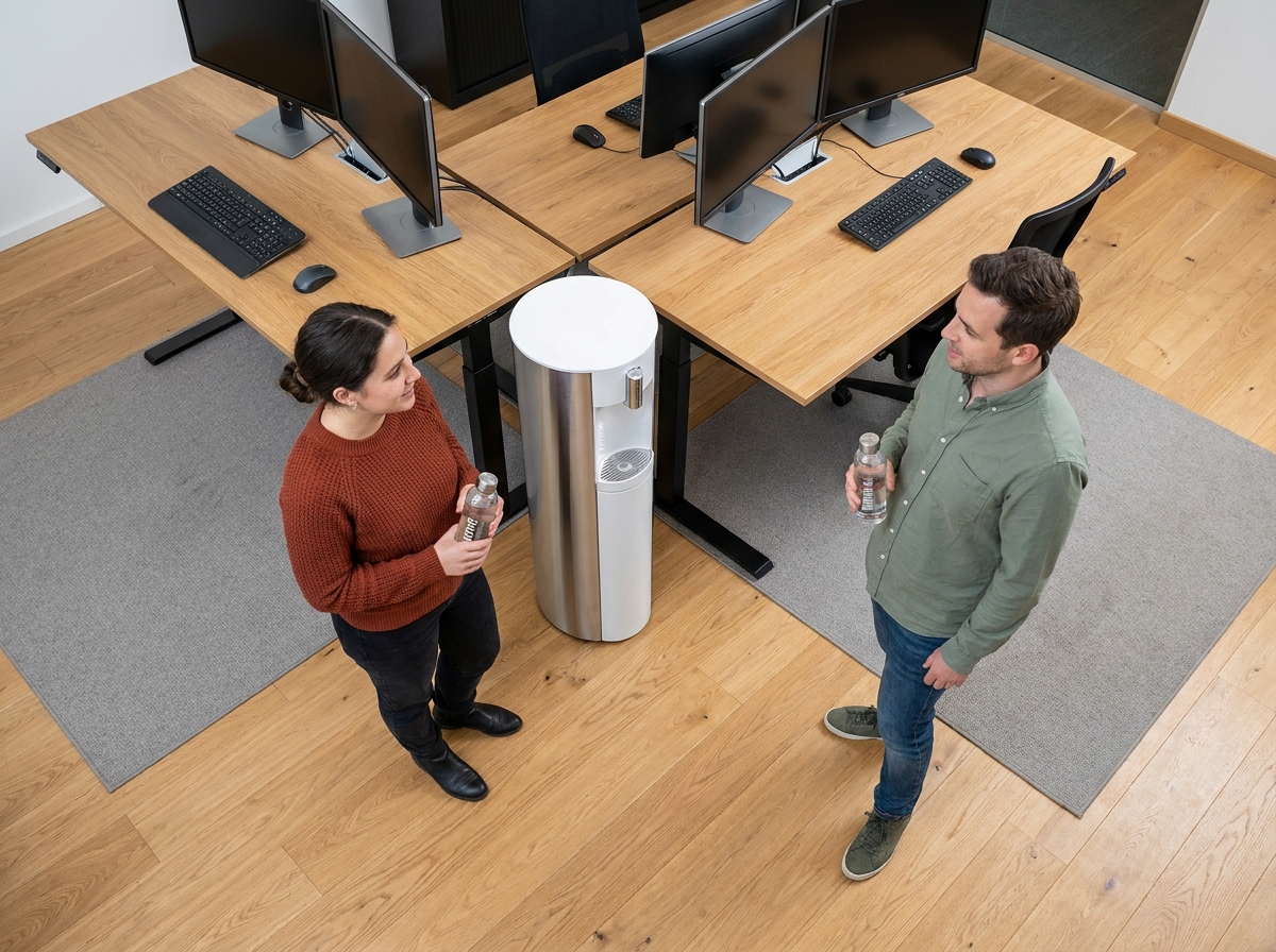 Vue aérienne d'un distributeur d'eau à faible encombrement installé entre deux postes de travail en open space