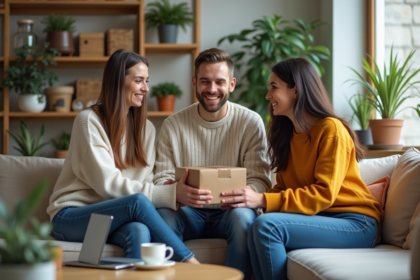 Trois amis souriants échangeant un colis dans un salon moderne
