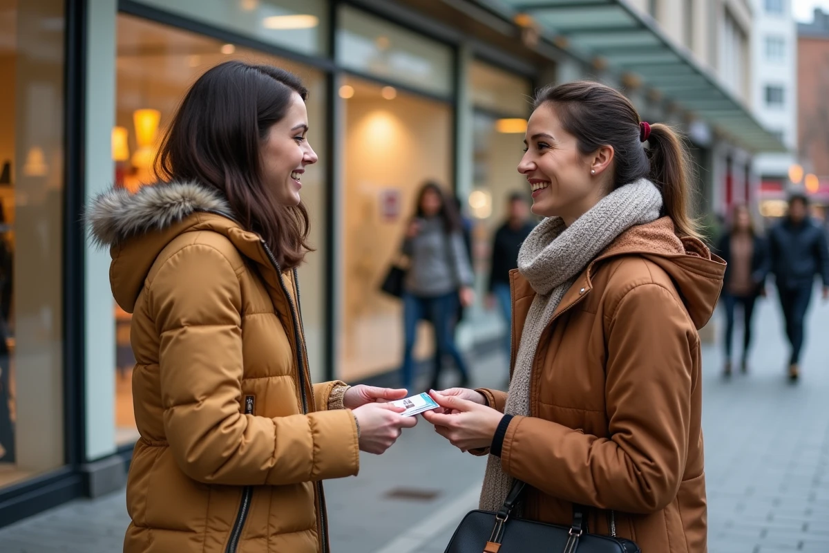 Deux amies échangeant une enseigne Shopping Pass devant l'entrée d'un centre commercial en automne