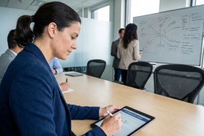 Femme en blazer marine signant une feuille d'émargement numérique sur tablette dans une salle de formation moderne