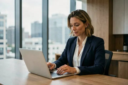 Femme professionnelle travaillant dans un bureau tertiaire moderne avec vue sur la ville
