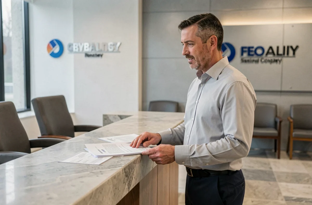 Employé du secteur tertiaire accueillant des clients dans le hall d'une entreprise de services