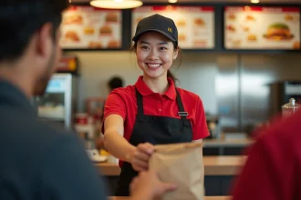 Jeune employée en uniforme McDonald's souriant derrière le comptoir d'un fast-food moderne