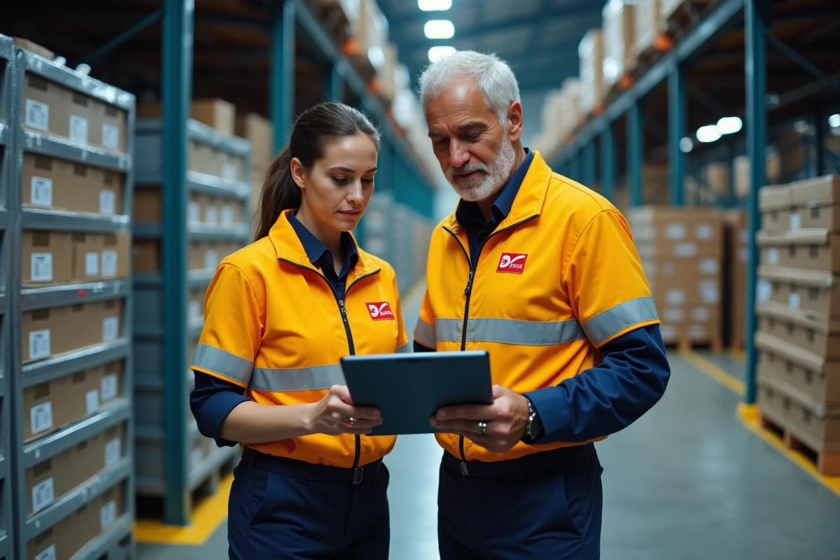 Deux employés de La Poste consultant le GTM extra sur une tablette dans un centre de tri postal