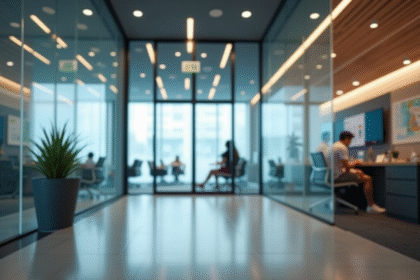 Entrée moderne d'un bureau avec signalisation lumineuse