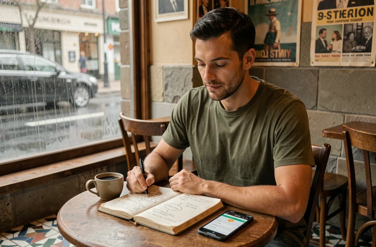 Homme entrepreneur seul dans un café prenant des notes manuscrites pour développer son idée de startup en entreprise