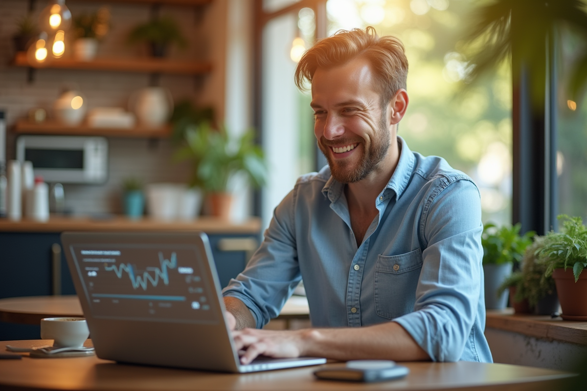 Entrepreneur souriant utilisant un ordinateur dans un café ensoleille