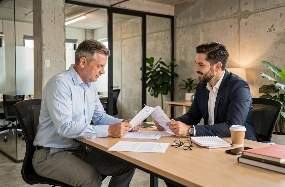 Entrepreneur discutant des formalités de création de société avec un conseiller juridique dans un espace de coworking moderne