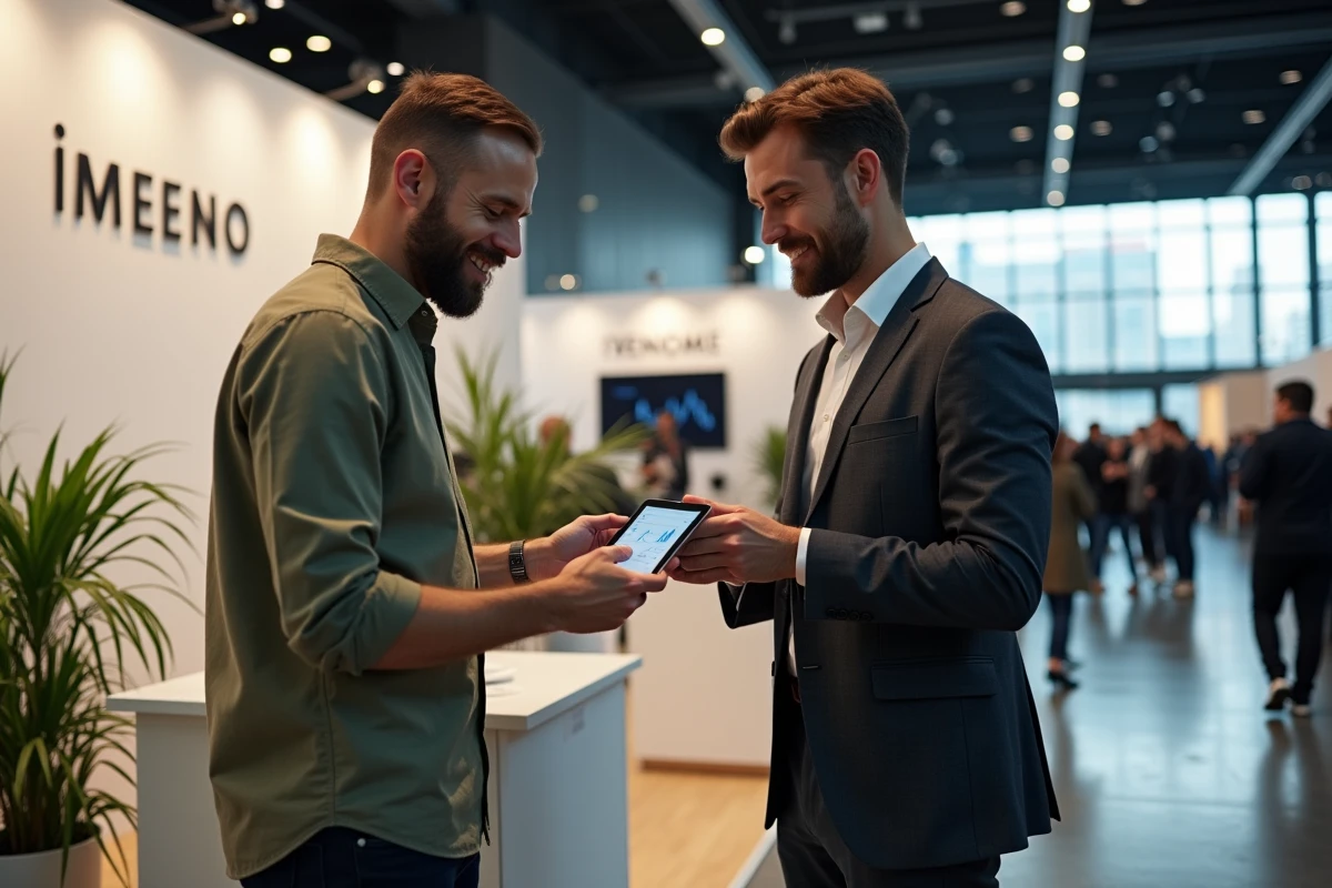 Deux entrepreneurs échangeant lors d'un stand de l'événement Les Entreprises Frenchy 2026 sur l'optimisation des coûts