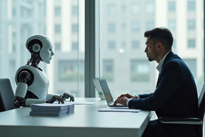 Entretien d emploi entre un robot et un recruteur humain dans un bureau moderne
