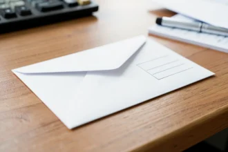 Enveloppe avec bloc d'adresse posée sur un bureau