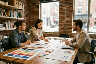Équipe d'une agence créative en réunion autour d'une table avec des maquettes de branding et des planches de style