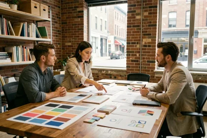 Équipe d'une agence créative en réunion autour d'une table avec des maquettes de branding et des planches de style